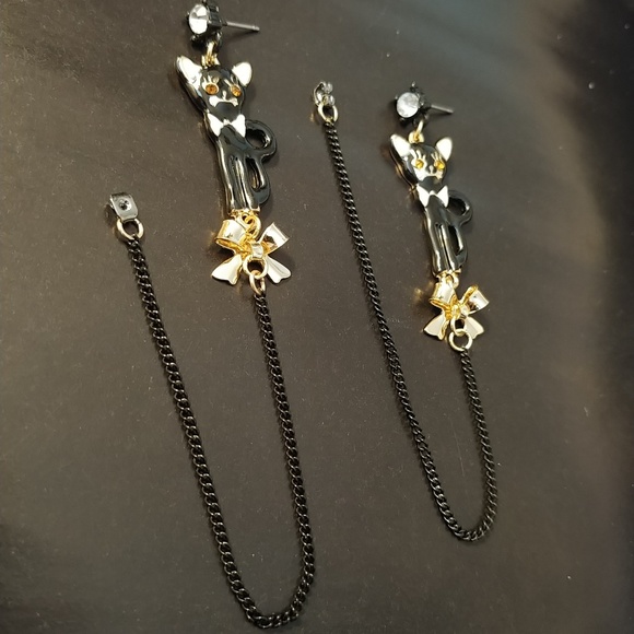 🍰Black Cat Bow Betsey Johnson Long Chain Earrings - Picture 5 of 7